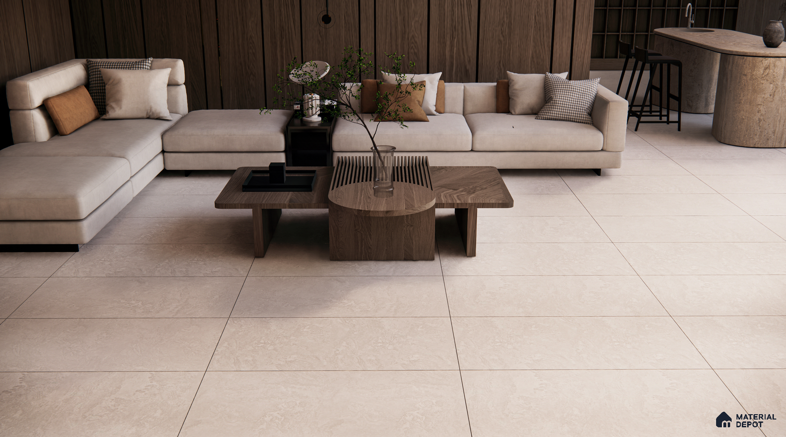 Modern Living Room with White Stone Flooring and Wooden Accents | Material Depot