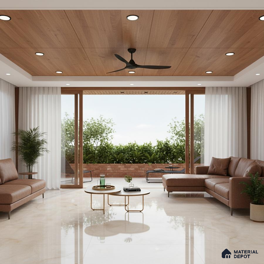 Modern living room with wooden ceiling panels and glossy beige marble floor tiles in Bengaluru