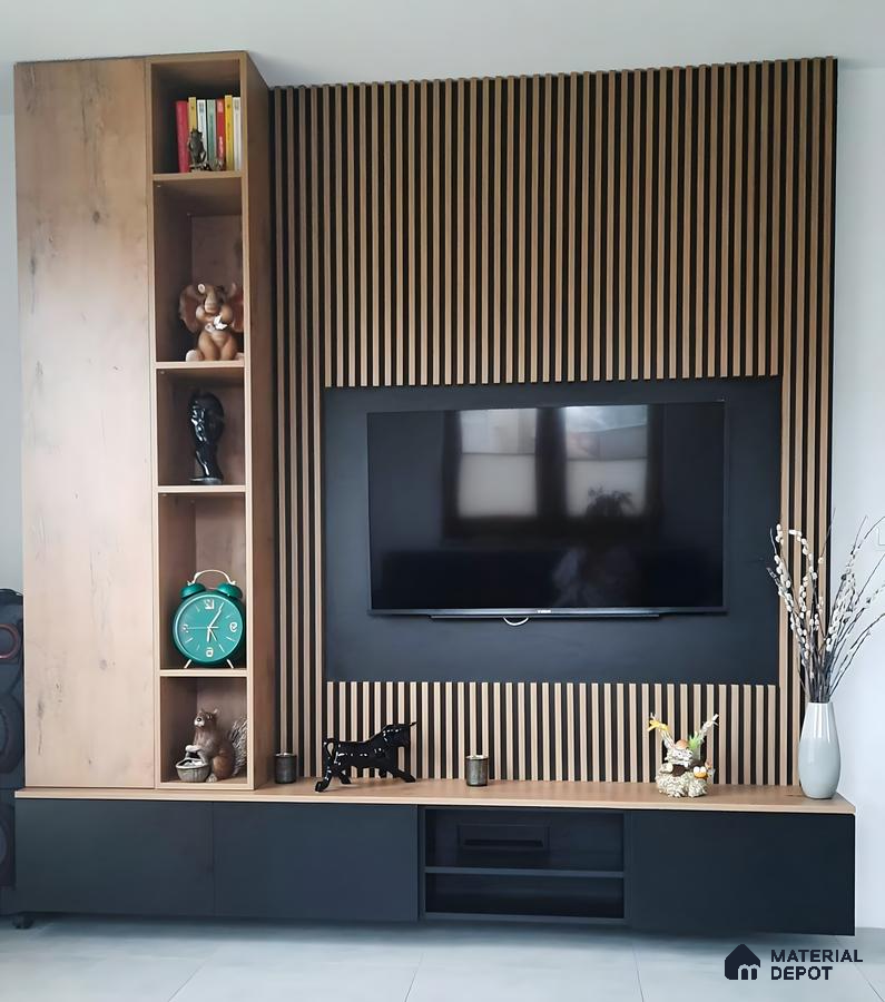 Modern TV Unit with Wood-Paneled Accent Wall and Built-in Shelving | Material Depot