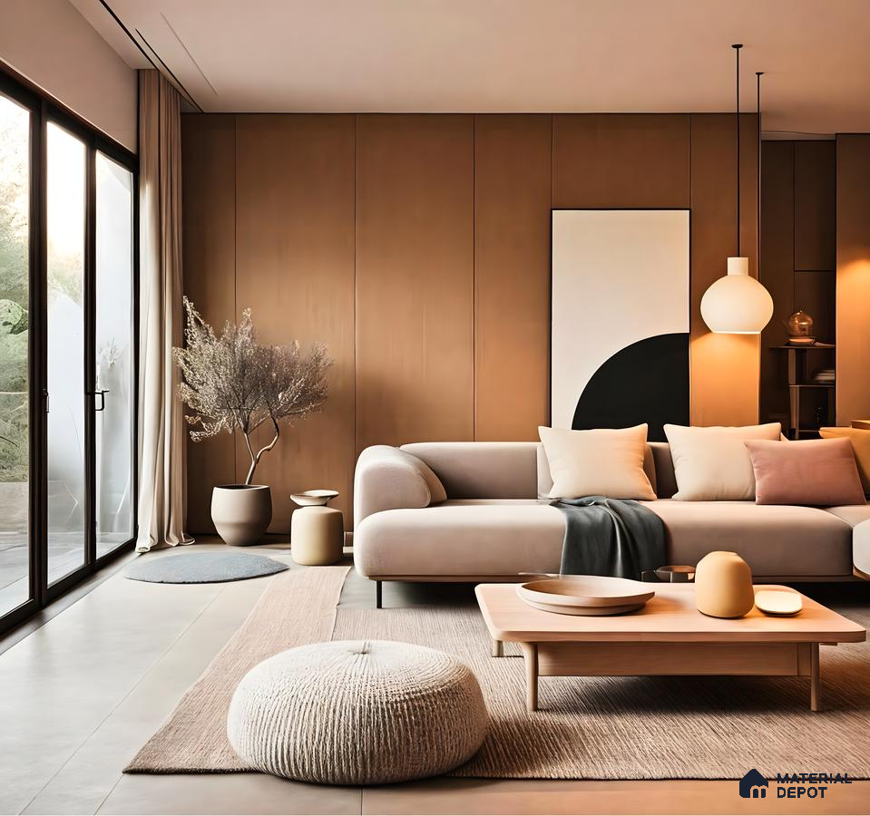 Modern Living Room with Wood-Paneled Wall and Natural Light | Material Depot