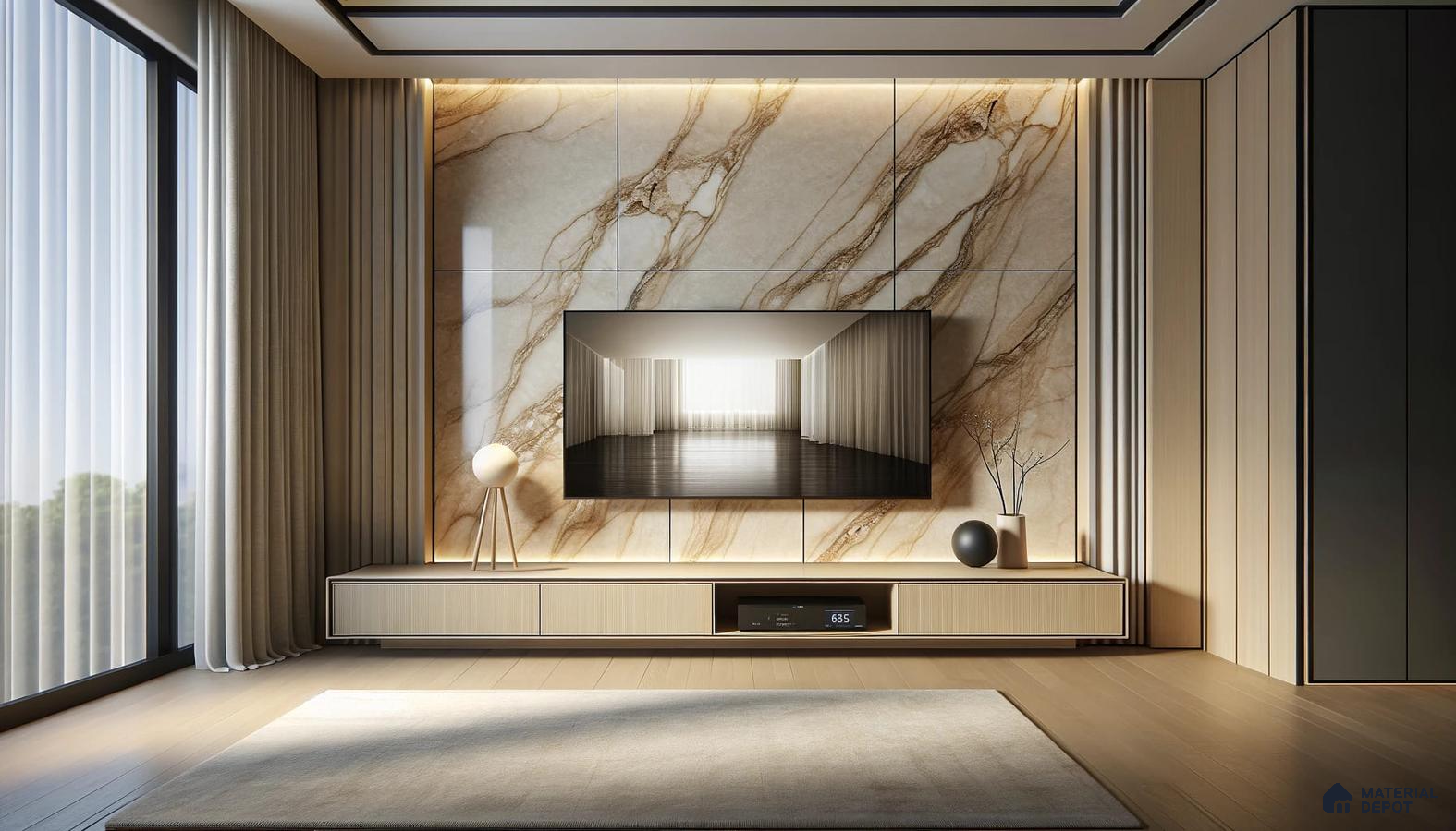 Modern Living Space with Dramatic Marble and Warm Wood Tones | Material Depot