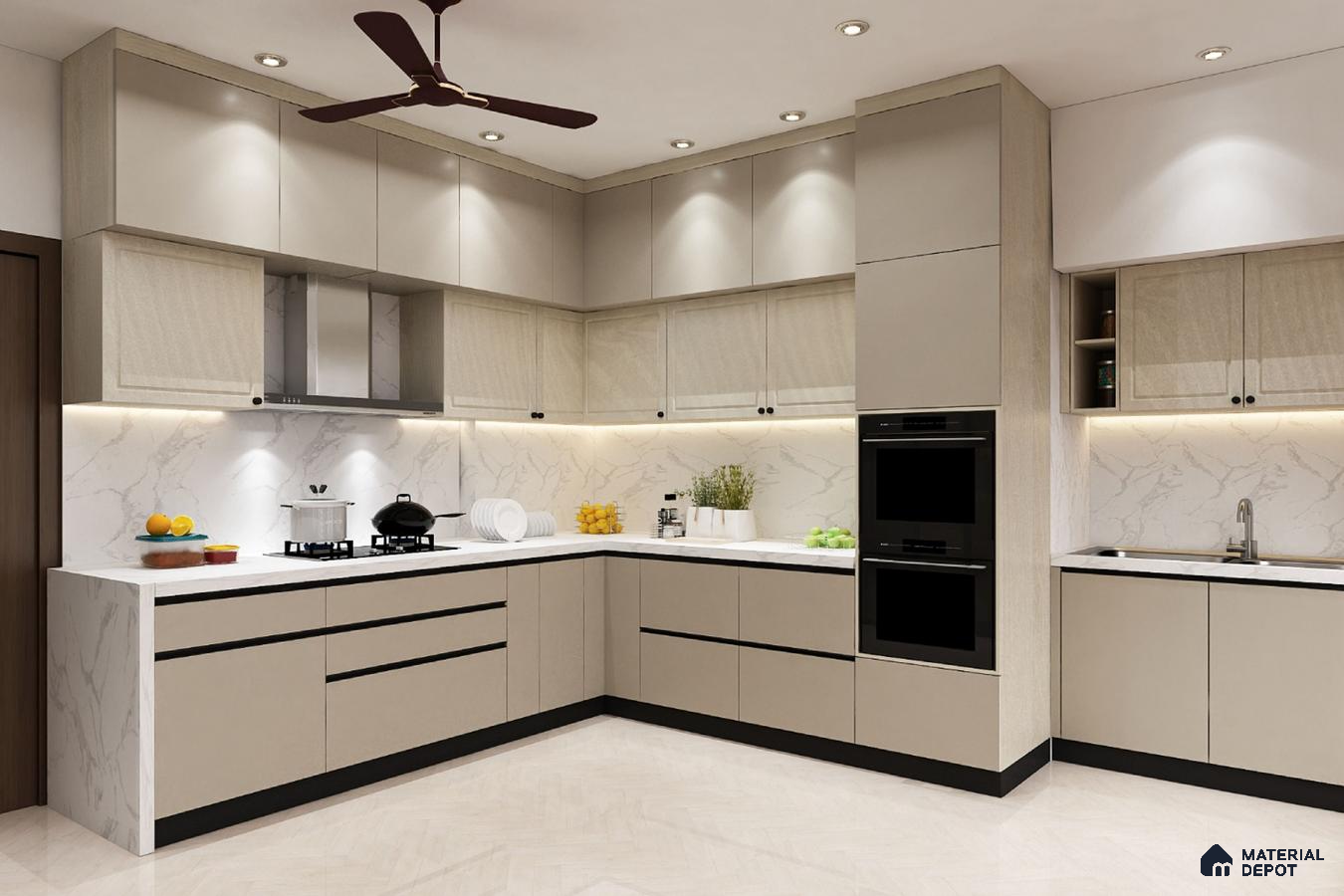 Modern L-shaped kitchen with beige matte laminate, white marble-look backsplash, and white quartz countertop in Bengaluru | Material Depot