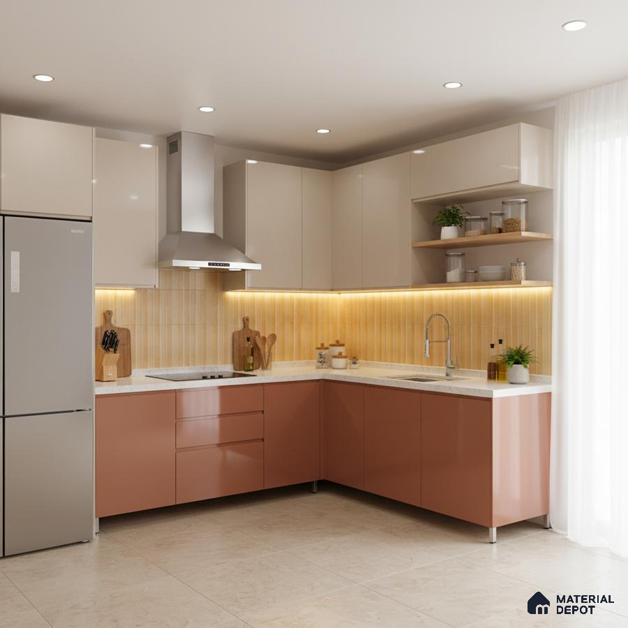 Modern L-shaped kitchen with blush pink and beige glossy laminate, white quartz countertop, and vertical beige backsplash tile in Bengaluru