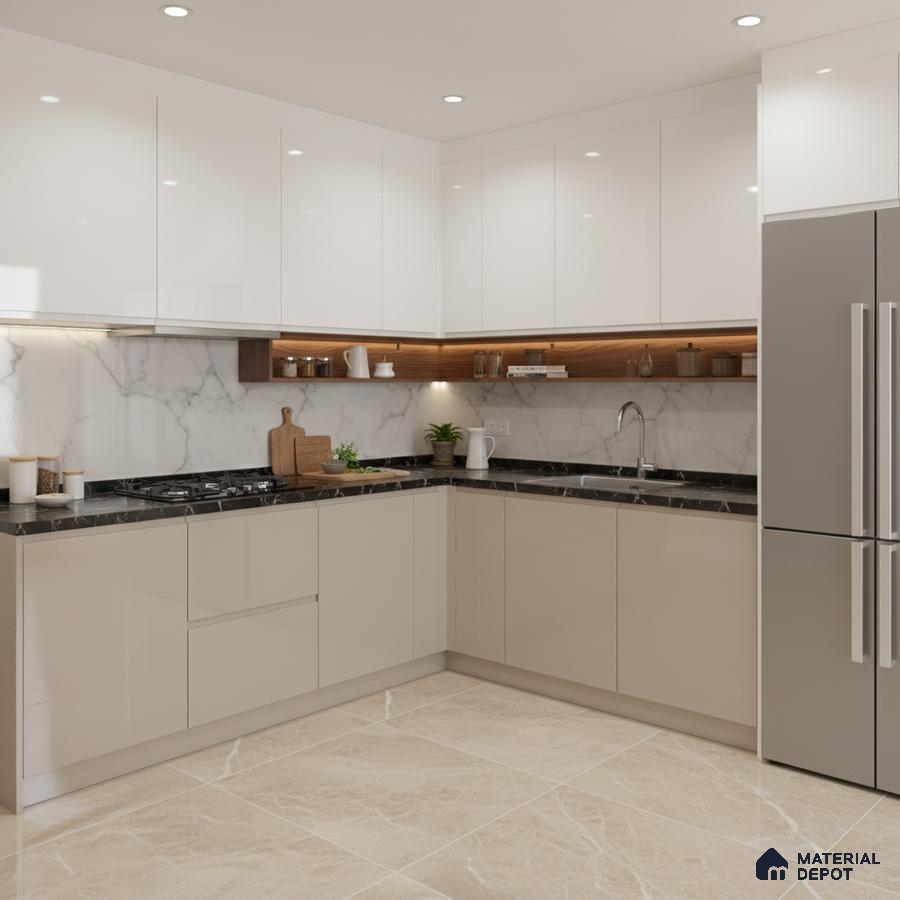 Modern L-shaped kitchen with glossy white and beige laminate, black marble countertop, and marble backsplash in Bengaluru