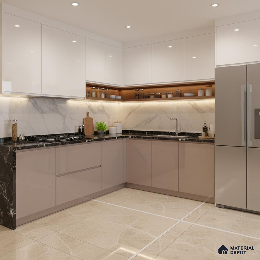 Modern L-shaped kitchen with glossy white and taupe laminate, black marble countertop, and marble backsplash in Bengaluru