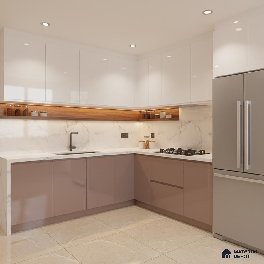 Modern L-shaped kitchen with glossy white and taupe laminate, marble backsplash, and quartz countertop in Bengaluru