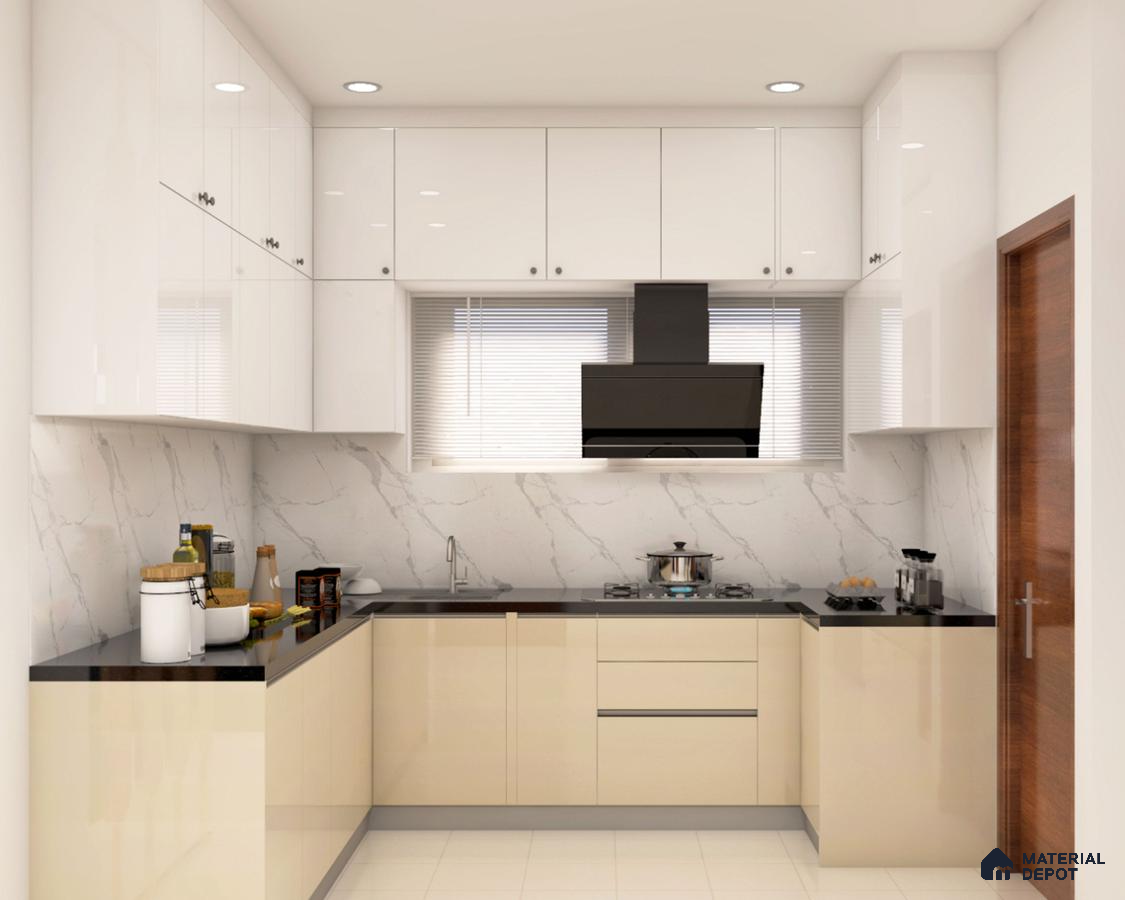 Modern L-shaped kitchen with high gloss white and beige laminate, black quartz countertop, and marble-look backsplash in Bengaluru | Material Depot