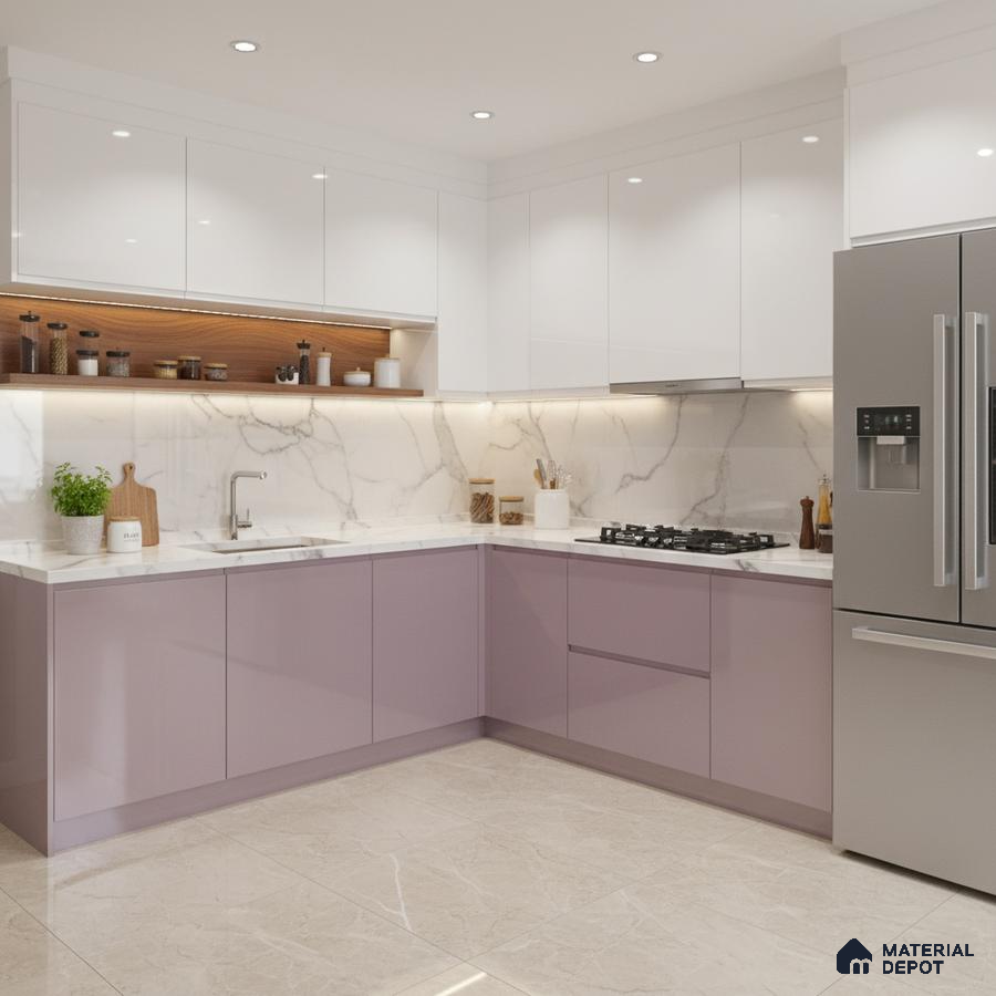Modern L-shaped kitchen with pastel mauve and white high gloss laminate, marble-look backsplash, and beige marble floor tile in Bengaluru