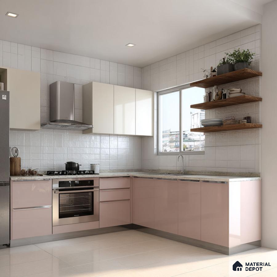 Modern L-shaped kitchen with pastel pink and cream laminate, white subway wall tiles, and wooden open shelves in Bengaluru | Material Depot