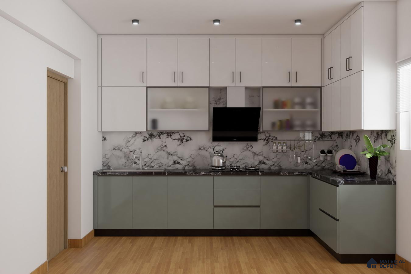 Modern L-shaped kitchen with sage green and frosty white laminate, marble-look backsplash, and black marble countertop in Bengaluru | Material Depot