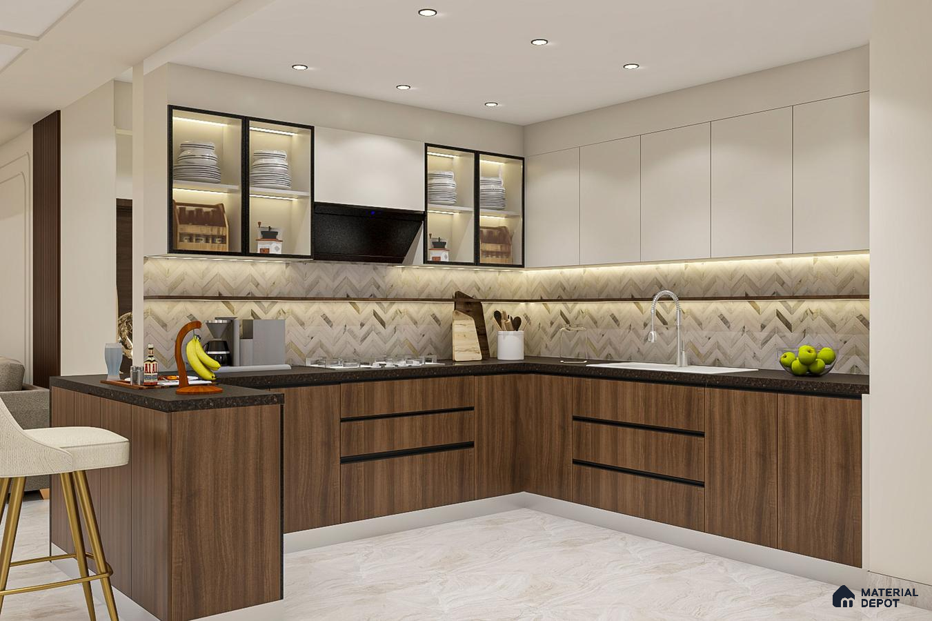 Modern L-shaped kitchen with walnut wood laminate, frosty white laminate, and chevron patterned backsplash tile in Bengaluru | Material Depot