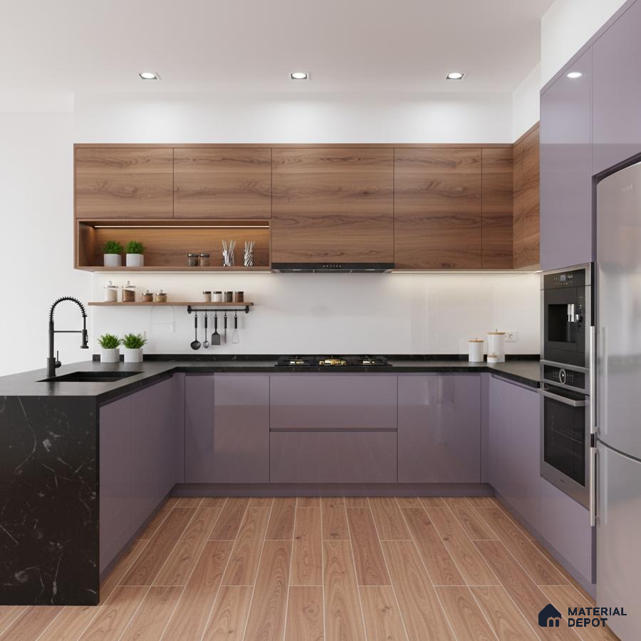 Modern L-shaped kitchen with walnut wood laminate, glossy lavender laminate, and black marble countertop in Bengaluru