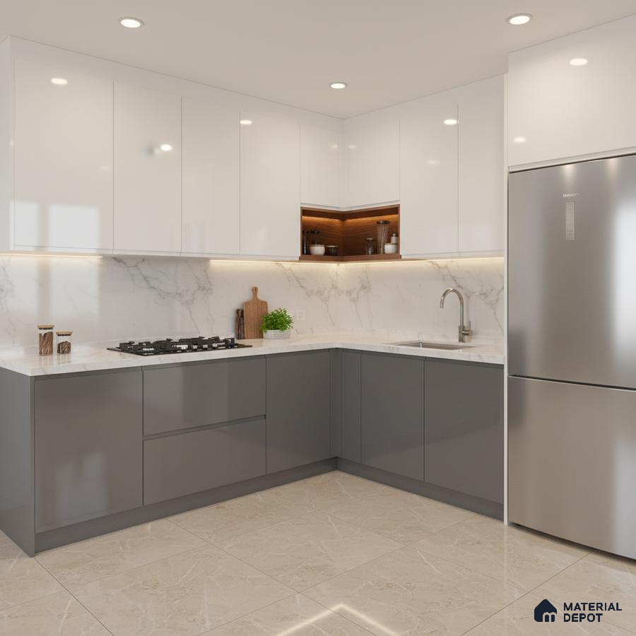 Modern L-shaped kitchen with white and grey high gloss laminate, marble-look backsplash, and beige marble floor tile in Bengaluru