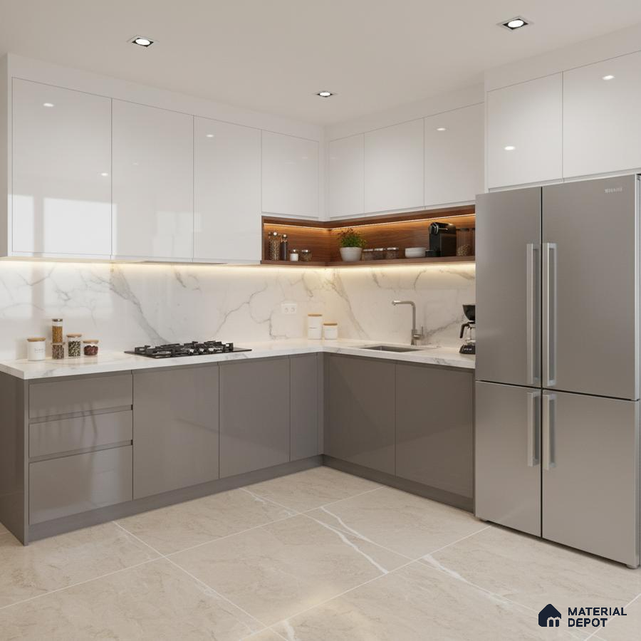 Modern L-shaped kitchen with white and grey high gloss laminate, marble-look backsplash, and beige marble floor tiles in Bengaluru