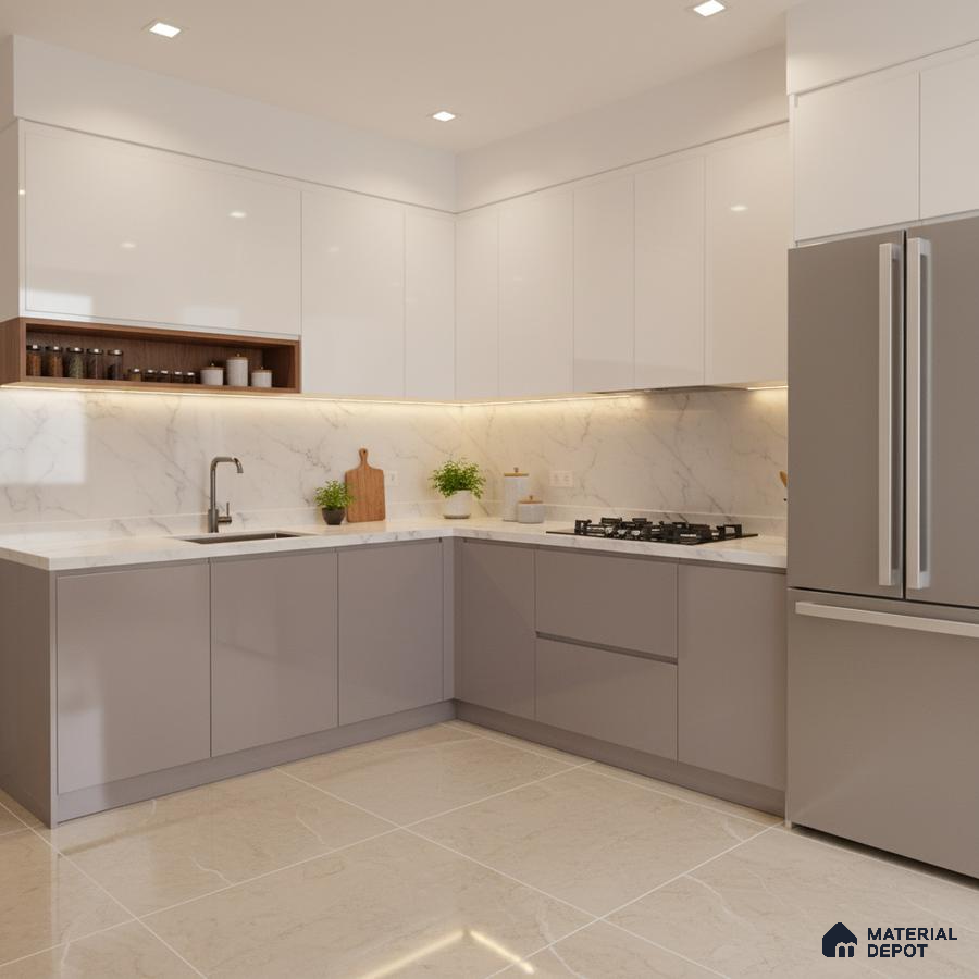 Modern L-shaped kitchen with white high gloss laminate, grey matte laminate, and marble backsplash in Bengaluru