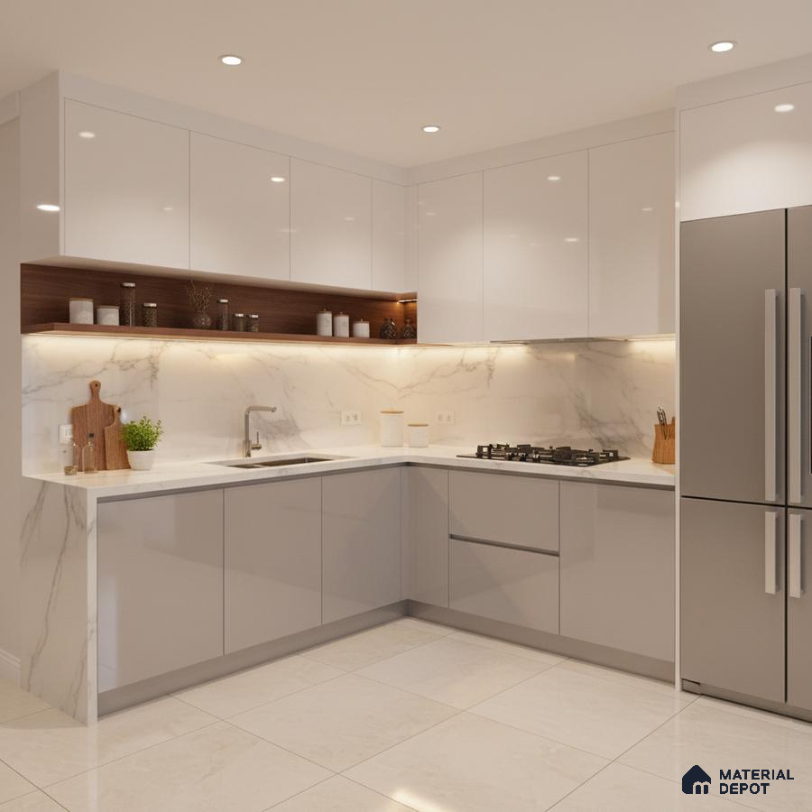 Modern L-shaped kitchen with white high gloss laminate, marble-look backsplash, and quartz countertop in Bengaluru