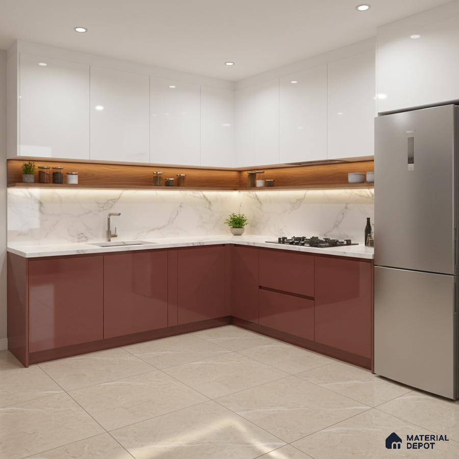Modern L-shaped kitchen with white high gloss laminate, terracotta laminate, marble backsplash, and beige floor tile in Bengaluru