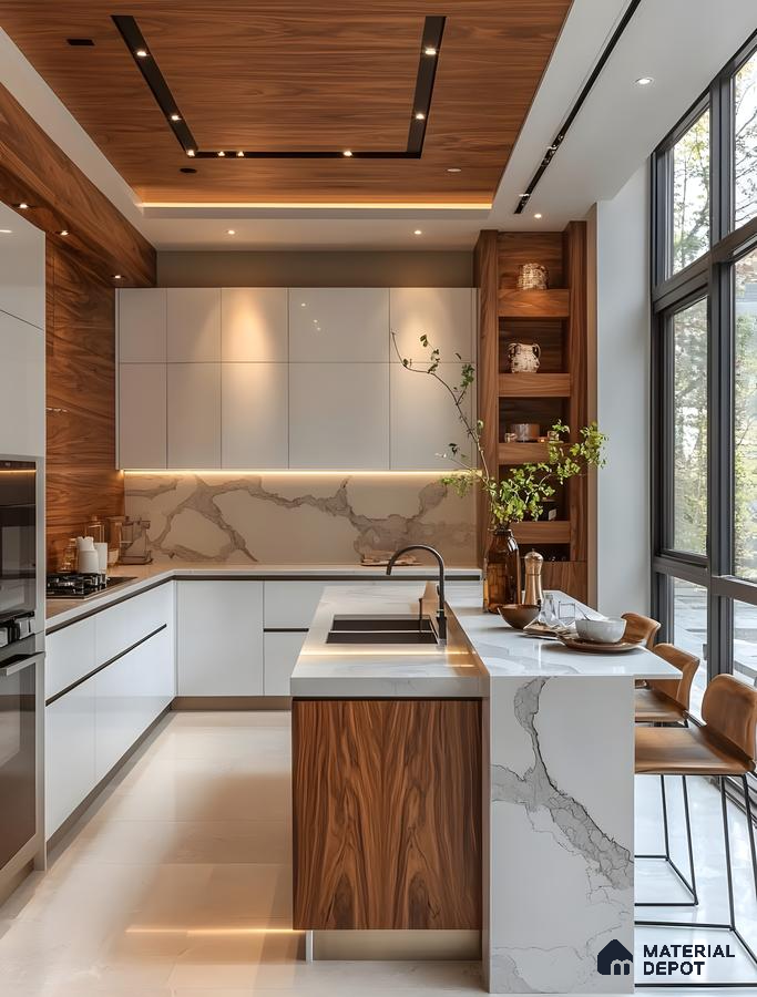 Modern Luxe Kitchen With Walnut Panels, Statuario Marble Accents & Full-Height Glazing | Material Depot
