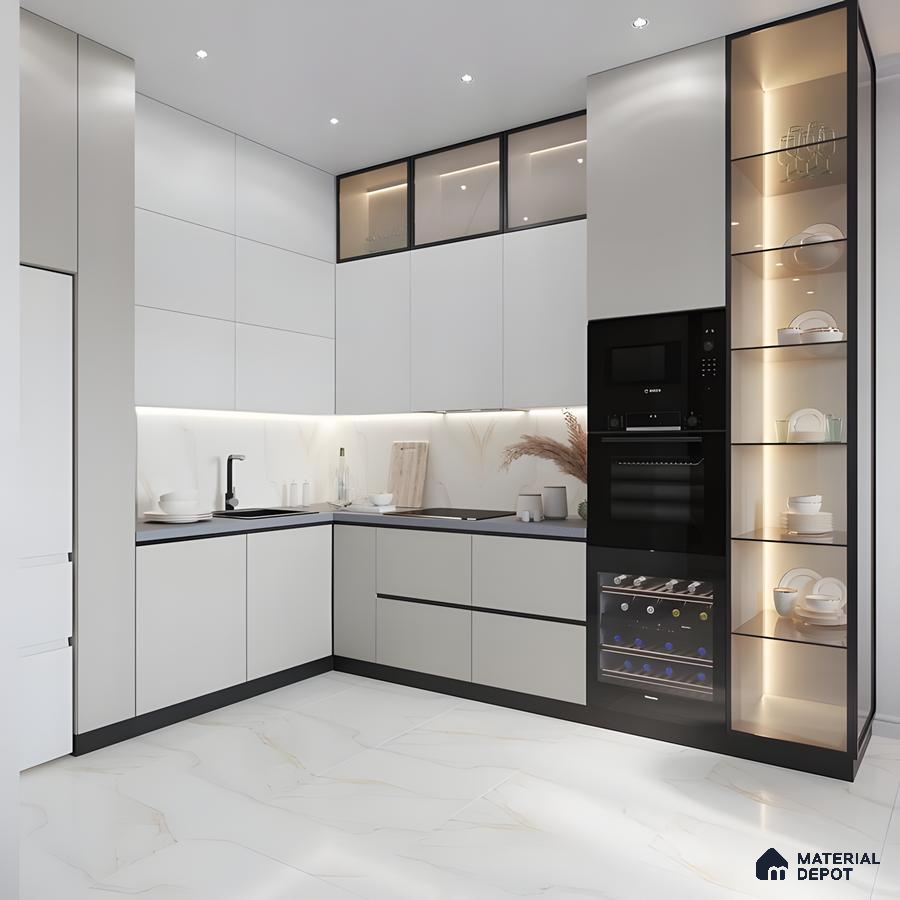 Modern Luxe Minimalist Kitchen With Matte White Cabinets, Black Glass Accents & Backlit Display Shelves | Material Depot