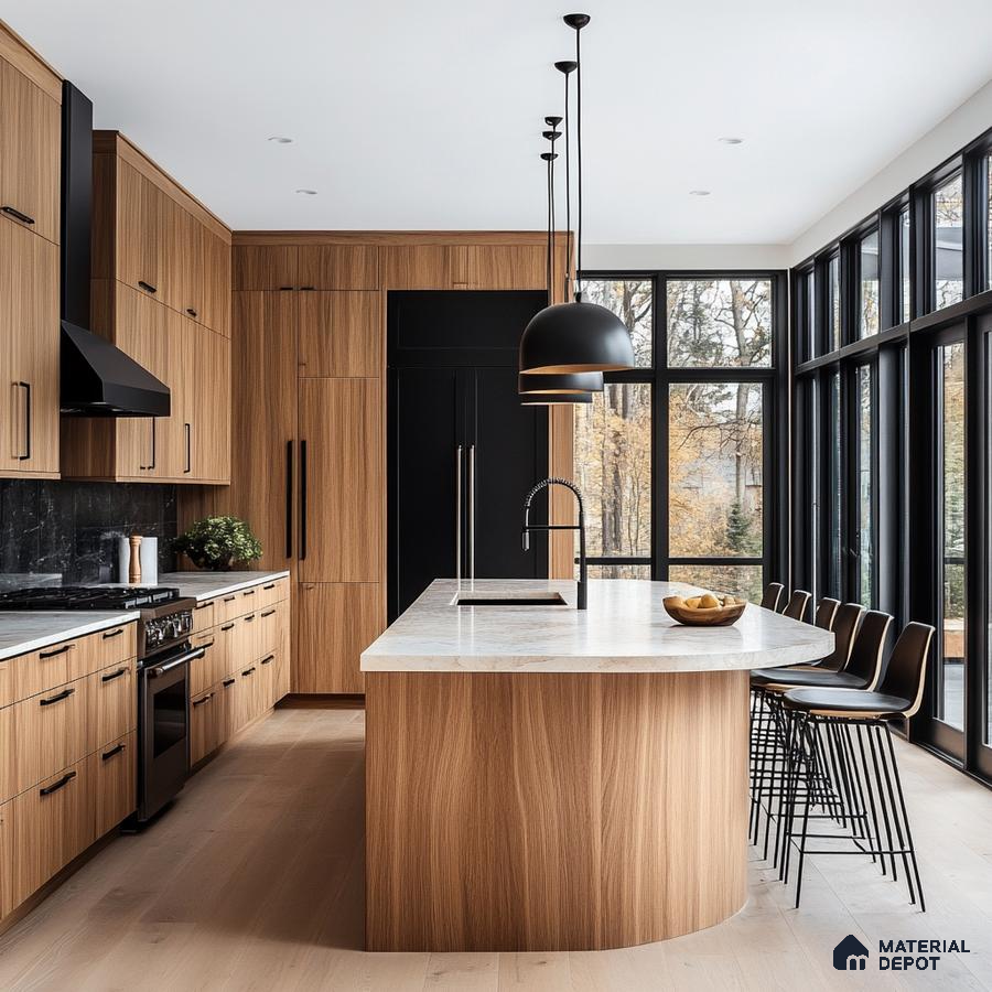 Modern Luxury Kitchen with Curved Island and Black Accents | Material Depot