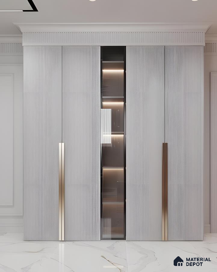 Modern Luxury Wardrobe Design With Glass Display And Gold Handles | Material Depot