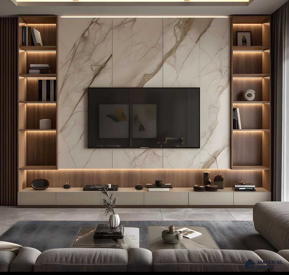 Modern Marble Tv Wall With Warm Wooden Niches And Ambient Lighting | Material Depot