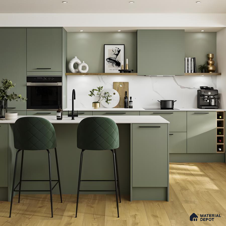 Modern Matte Green Kitchen With Marble Backsplash And Wooden Flooring | Material Depot