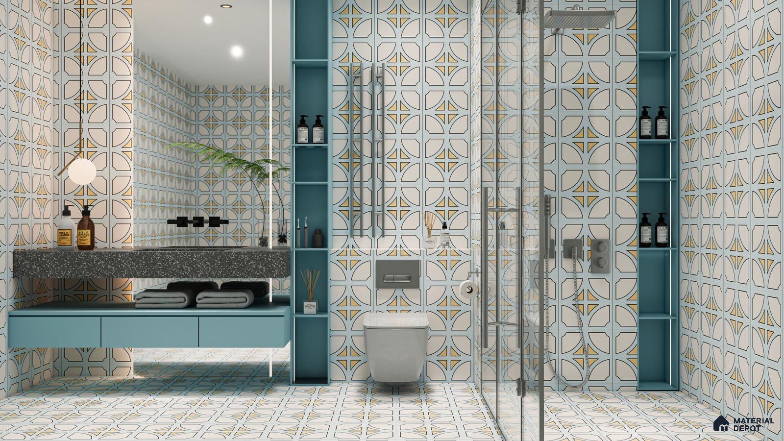 Modern Mediterranean-Style Bathroom with Blue and Mustard Geometric Tiles | Material Depot