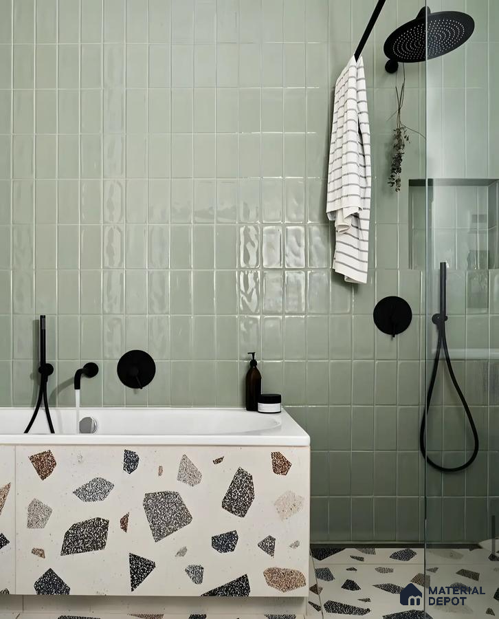 Modern Minimalism: Terrazzo Charm and Soft Sage Tiles | Material Depot