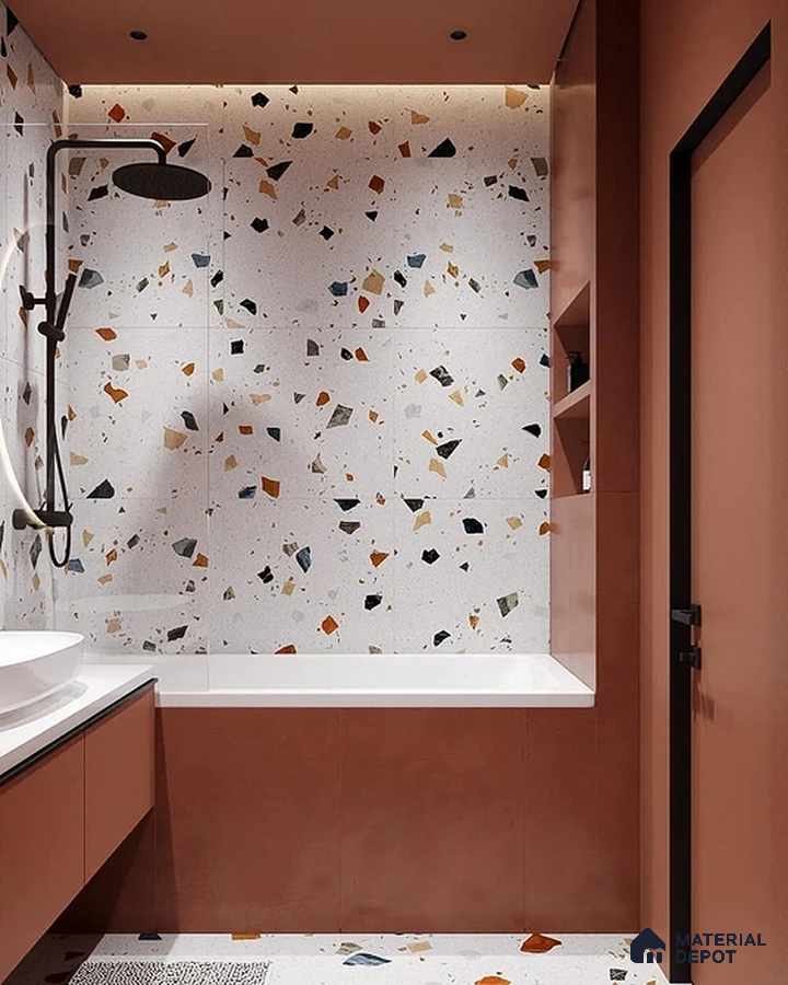 Modern Minimalist Bathroom Featuring Coral and Terrazzo Elegance | Material Depot