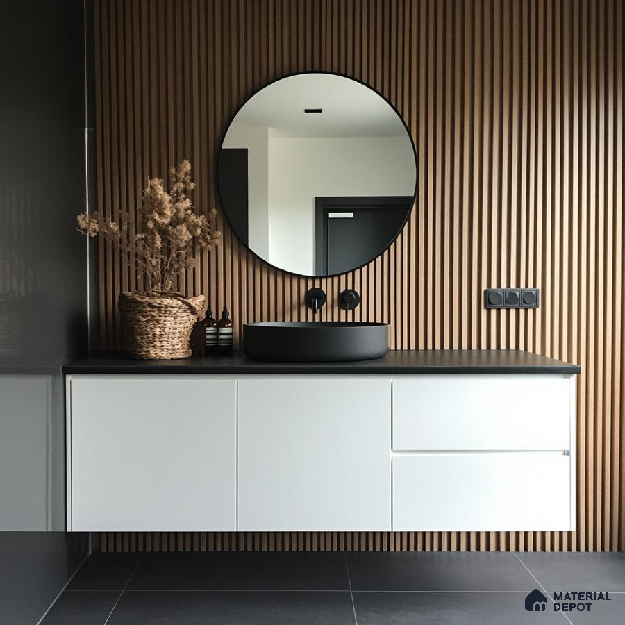 Modern Minimalist Bathroom with Wood Slat Wall and Black Accents | Material Depot