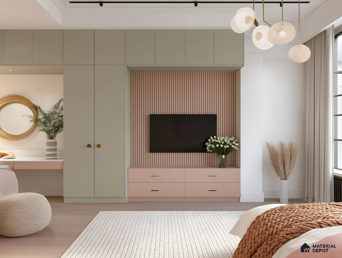 Modern Minimalist Bedroom With Pastel Pink And Sage Green Wardrobes Slatted Wood Accent Wall And Cozy Natural Textures 9C4Fb17D32 | Material Depot