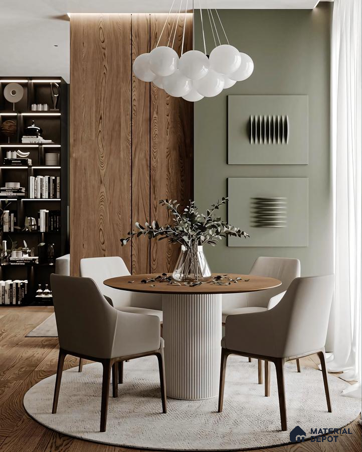 Modern Minimalist Dining Room with Geometric Wall Panels and Velvet Chairs | Material Depot