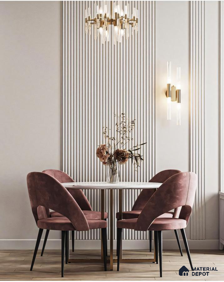 Modern Minimalist Dining Room with Vertical Wall Paneling and Velvet Chairs | Material Depot