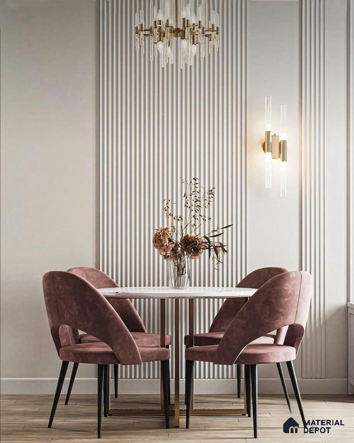 Modern Minimalist Dining Room with Vertical Wall Paneling and Velvet Chairs | Material Depot