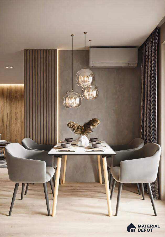 Modern Minimalist Dining Room with Wooden Wall Paneling and Pendant Lighting | Material Depot