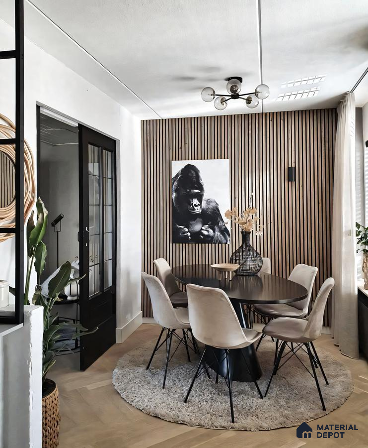 Modern Minimalist Dining Room with Wooden Wall Paneling and Pendant Lighting | Material Depot