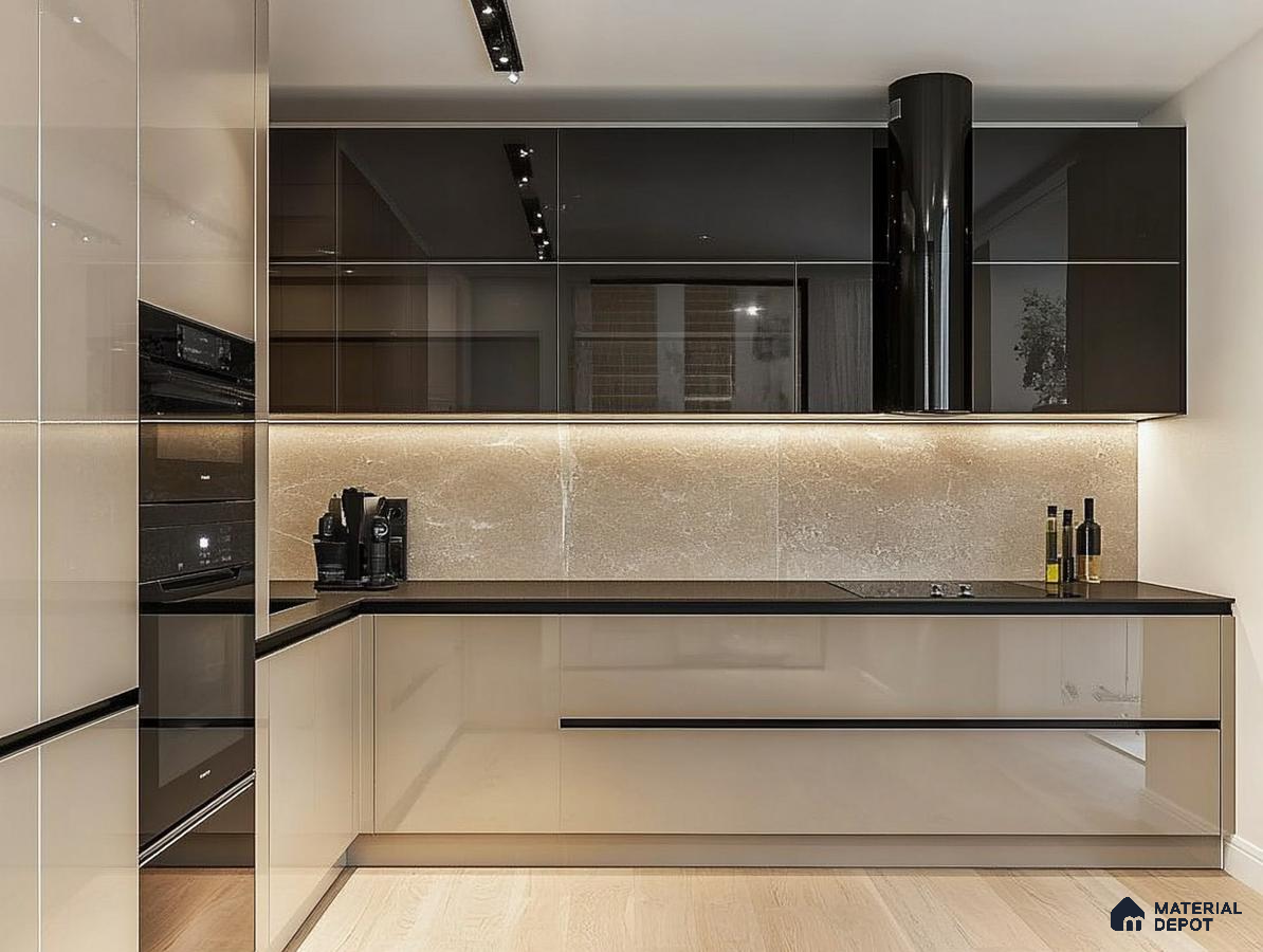 Modern Minimalist Kitchen Design Highlighting Reflective Surfaces and Neutral Palette | Material Depot