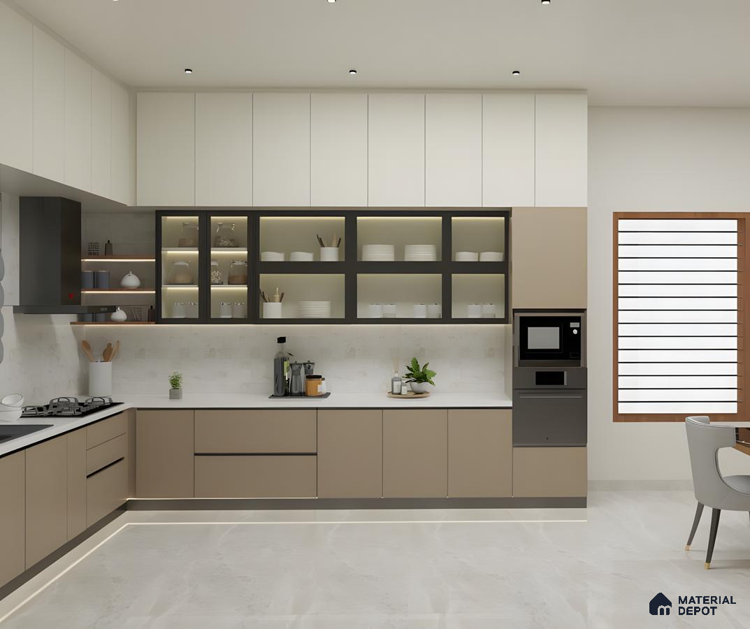 Modern Minimalist Kitchen In Taupe Matte Acrylic With Backlit Tinted Glass & Quartz Finish | Material Depot