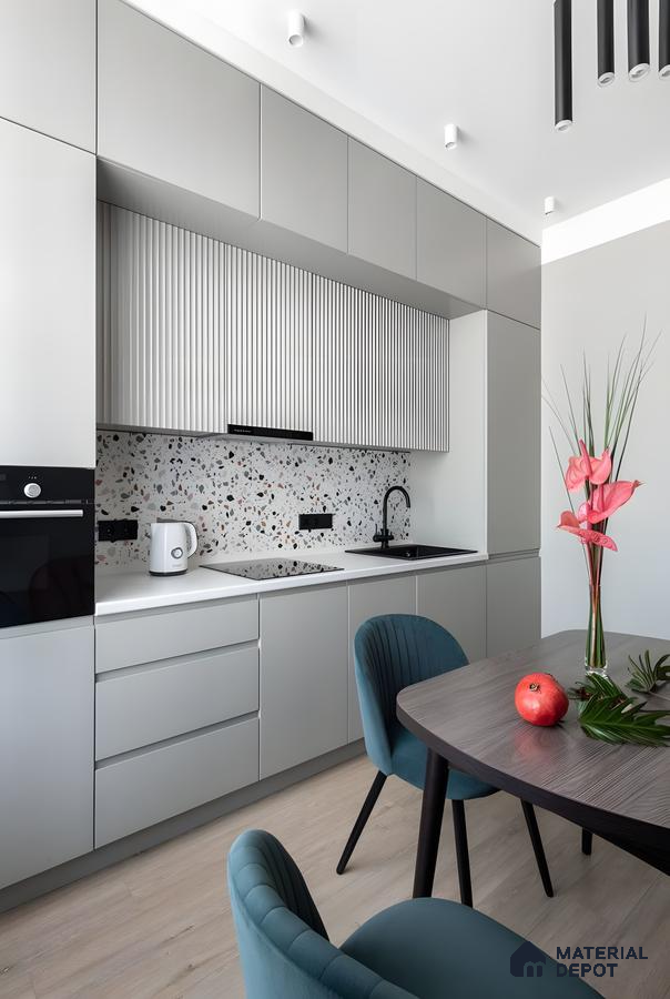 Modern Minimalist Kitchen With Fluted Cabinets And Terrazzo Backsplash | Material Depot
