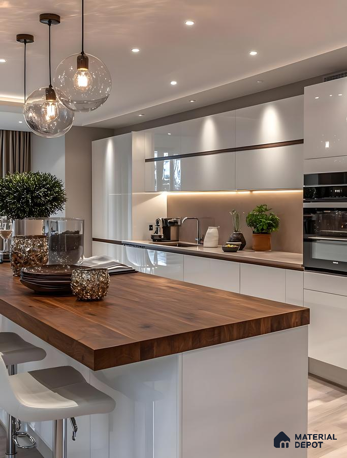 Modern Minimalist Kitchen With Glossy Laminates, Walnut Island & Soft Lighting | Material Depot