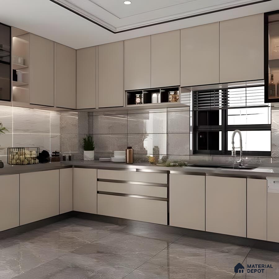 Modern Minimalist Kitchen With Matte Taupe Cabinets, Stone-Look Tiles & Sleek Grey Countertops | Material Depot