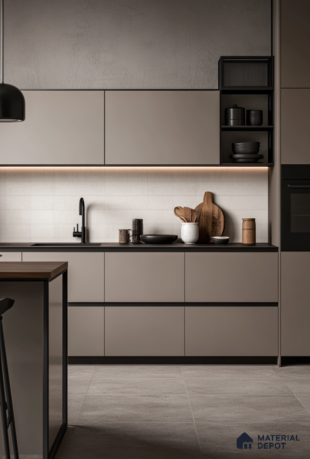 Glossy Island Kitchen with Dark Accents and Floor-to-Ceiling Windows | Material Depot