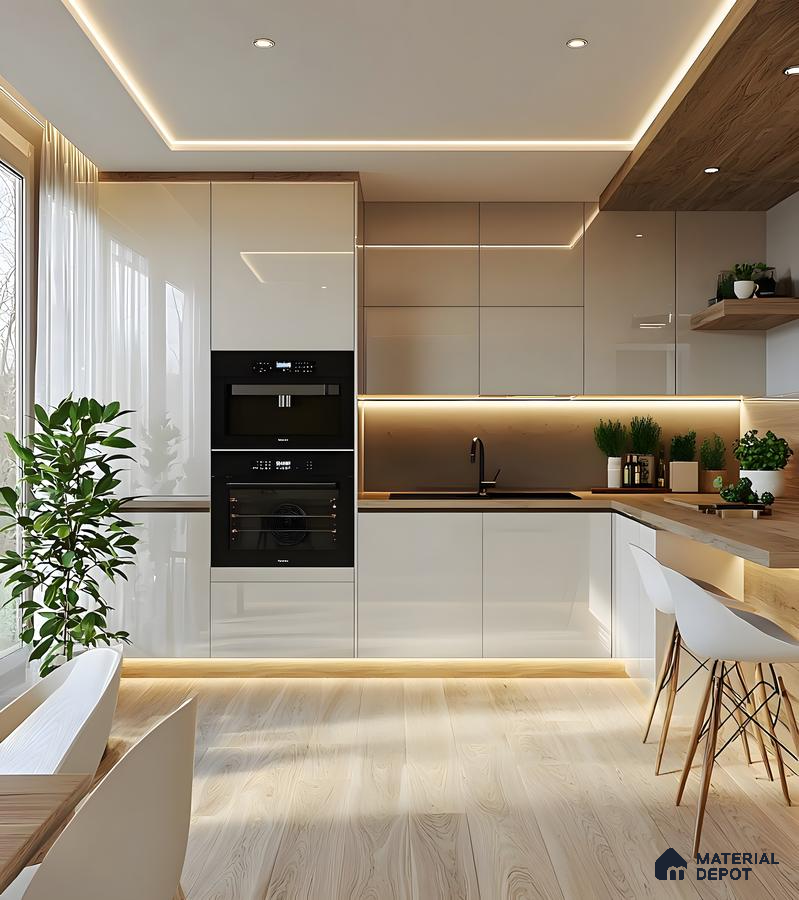 Modern Minimalist Kitchen With Warm Accents And Ambient Lighting | Material Depot