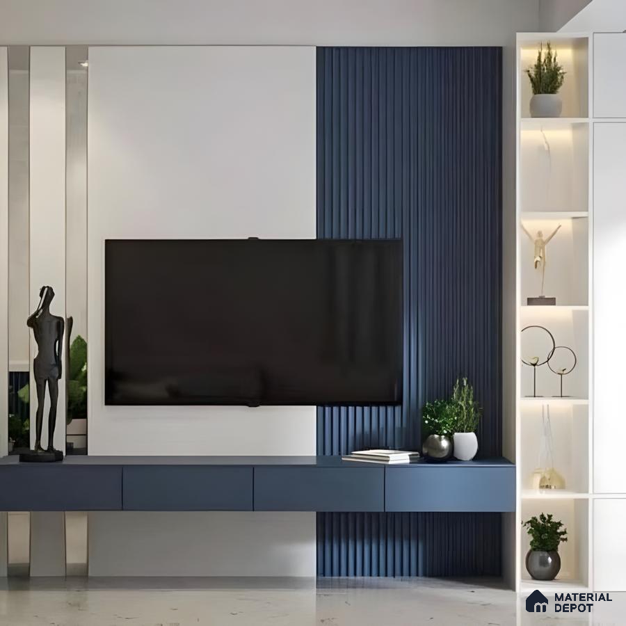 Modern Minimalist Living Room with Blue Panel Detail | Material Depot
