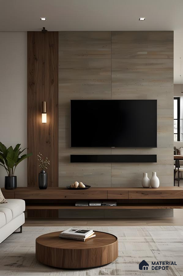 Modern Minimalist Tv Unit With Walnut Wood Accents And Beige Stone Cladding Backdrop | Material Depot
