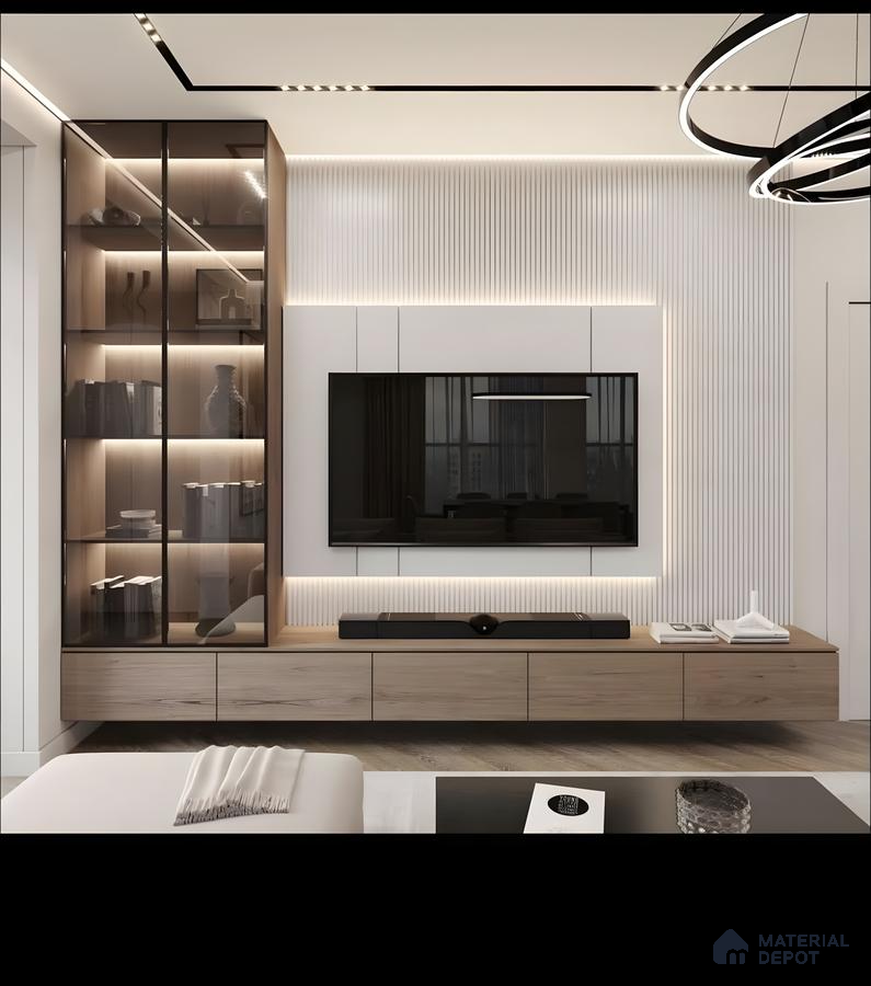 Modern Minimalist Tv Wall With Fluted Panels And Glass-Front Display | Material Depot