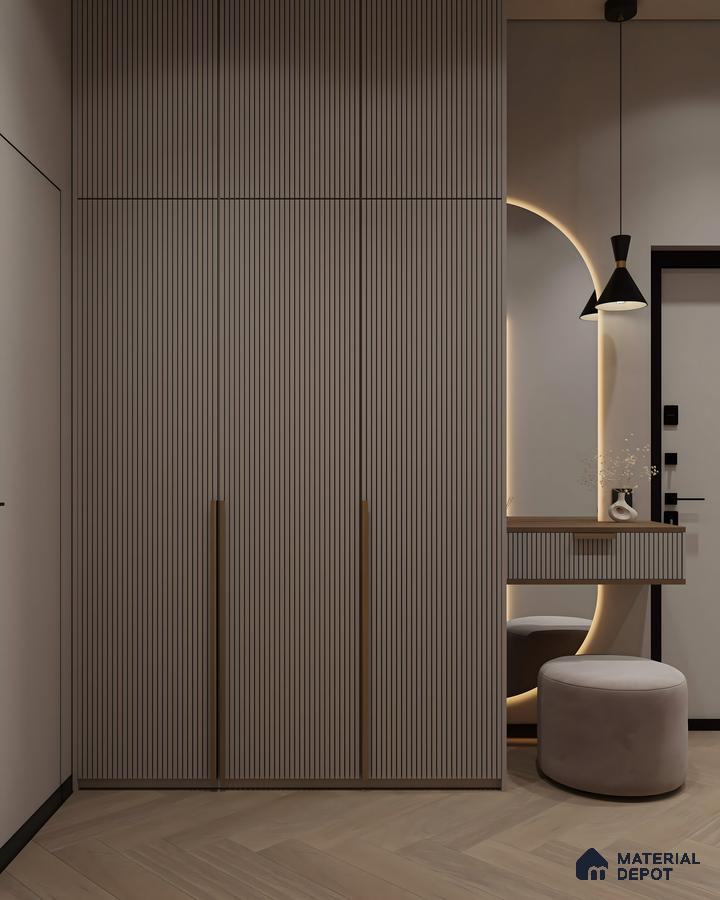 Modern Minimalist Wardrobe with louvered shutter and wood handle | Material Depot