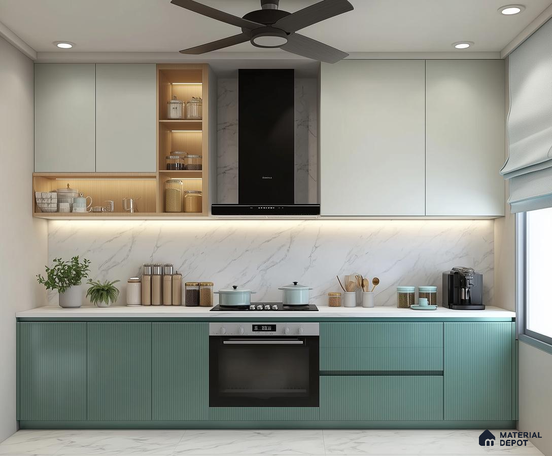 Compact Beige Glossy Kitchen with Marble Backsplash and Glass Cabinets | Material Depot