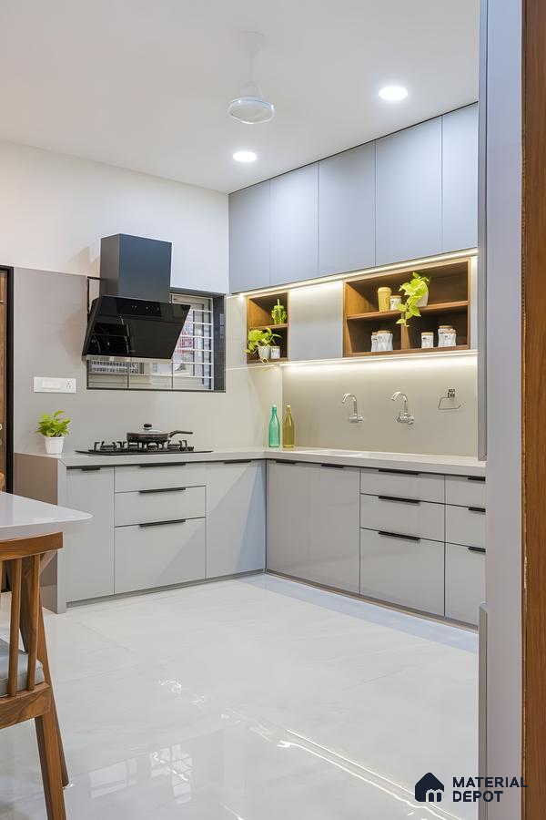 Modern Modular Kitchen With Dual-Tone Acrylic Finish And Open Shelving Accents | Material Depot